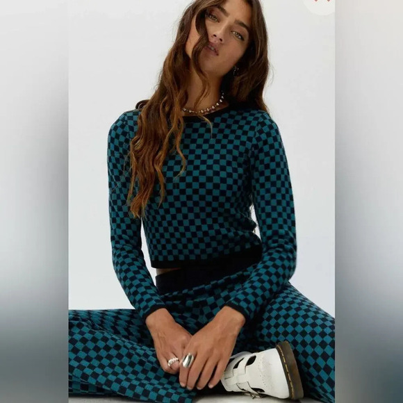 NEW‎ Daydreamer Size XL Teal Check Fitted Knit Pullover Sweater NWT - Picture 1 of 8